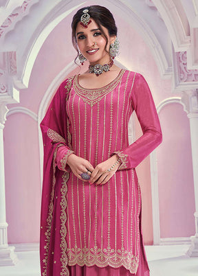 3 Pc Pink Semi Stitched Silk Dupatta Suit Set