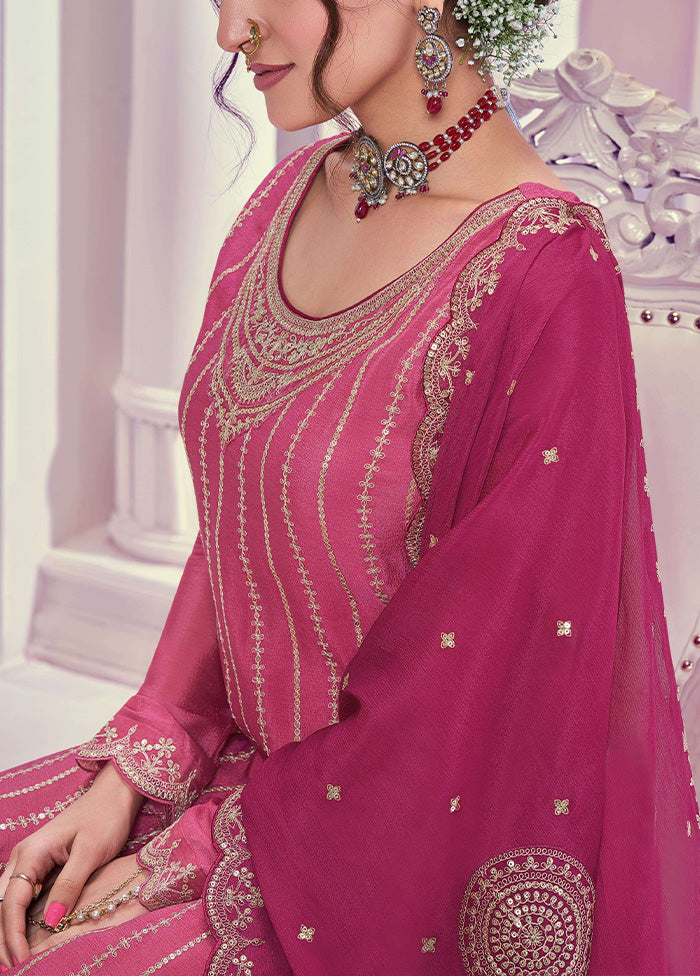 3 Pc Pink Semi Stitched Silk Dupatta Suit Set