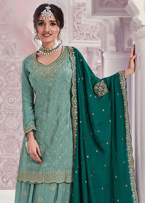 3 Pc Pista Green Semi Stitched Silk Dupatta Suit Set