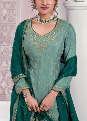 3 Pc Pista Green Semi Stitched Silk Dupatta Suit Set