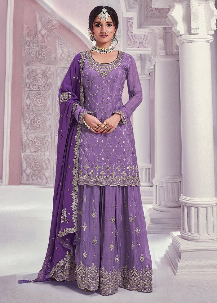 3 Pc Violet Semi Stitched Silk Dupatta Suit Set