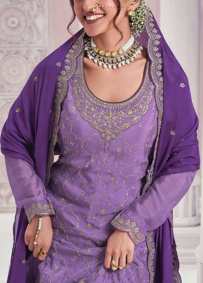 3 Pc Violet Semi Stitched Silk Dupatta Suit Set