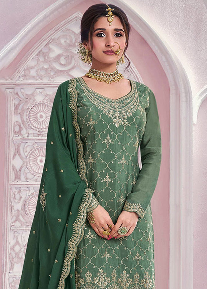 3 Pc Green Semi Stitched Silk Dupatta Suit Set