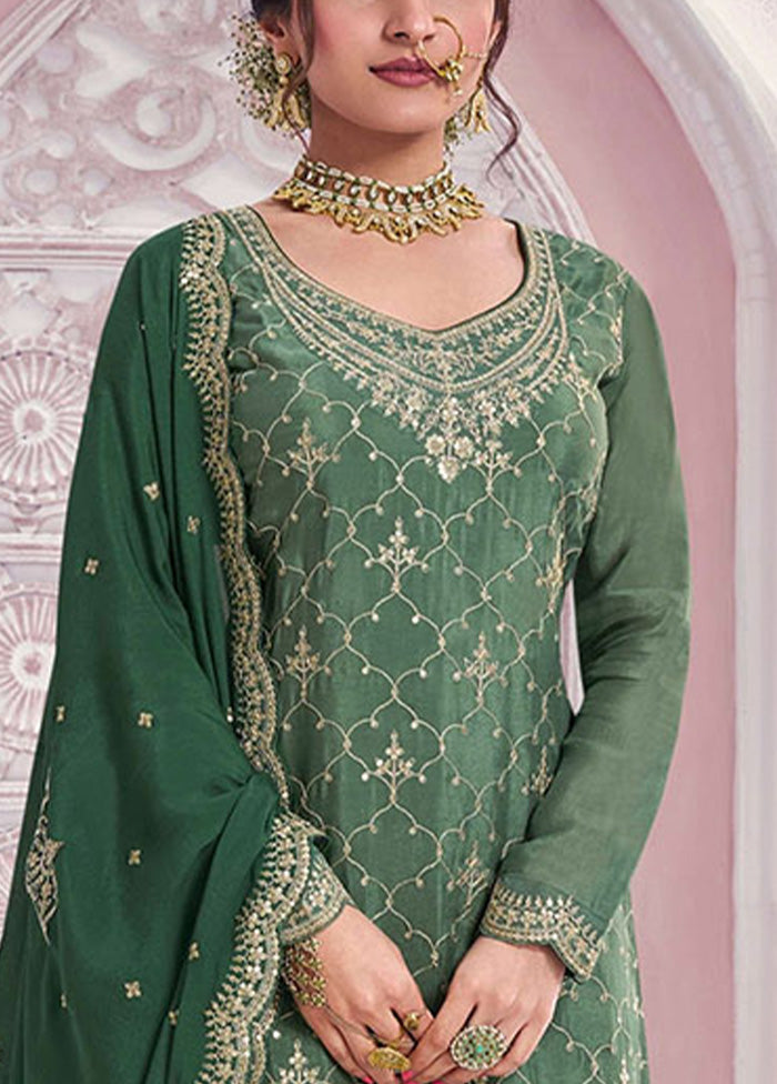 3 Pc Green Semi Stitched Silk Dupatta Suit Set