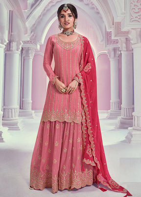 3 Pc Peach Semi Stitched Silk Dupatta Suit Set