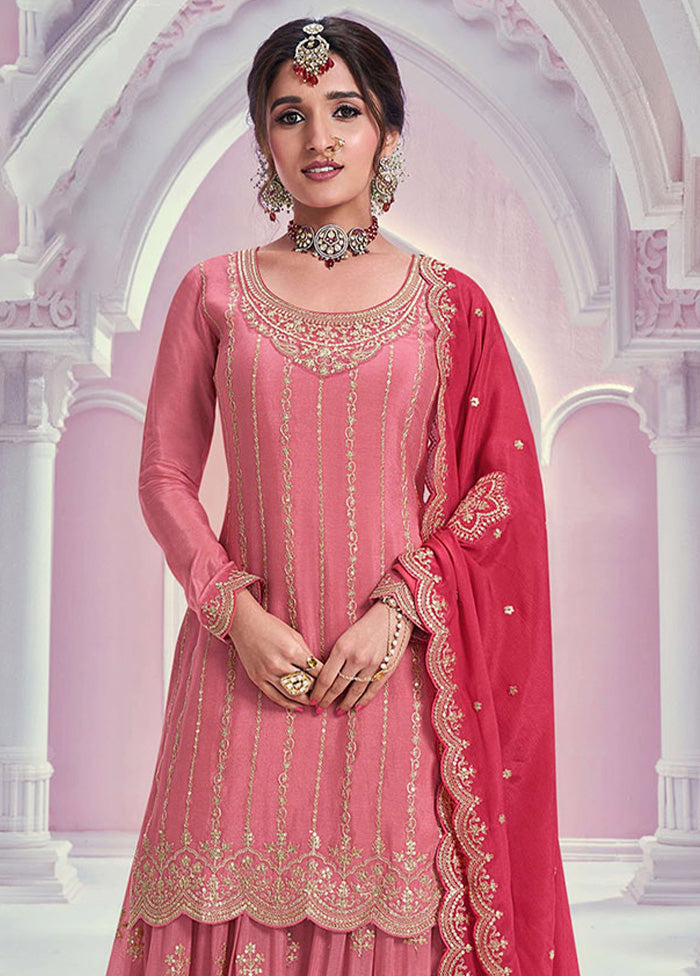 3 Pc Peach Semi Stitched Silk Dupatta Suit Set