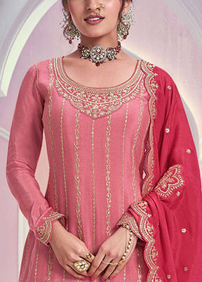 3 Pc Peach Semi Stitched Silk Dupatta Suit Set