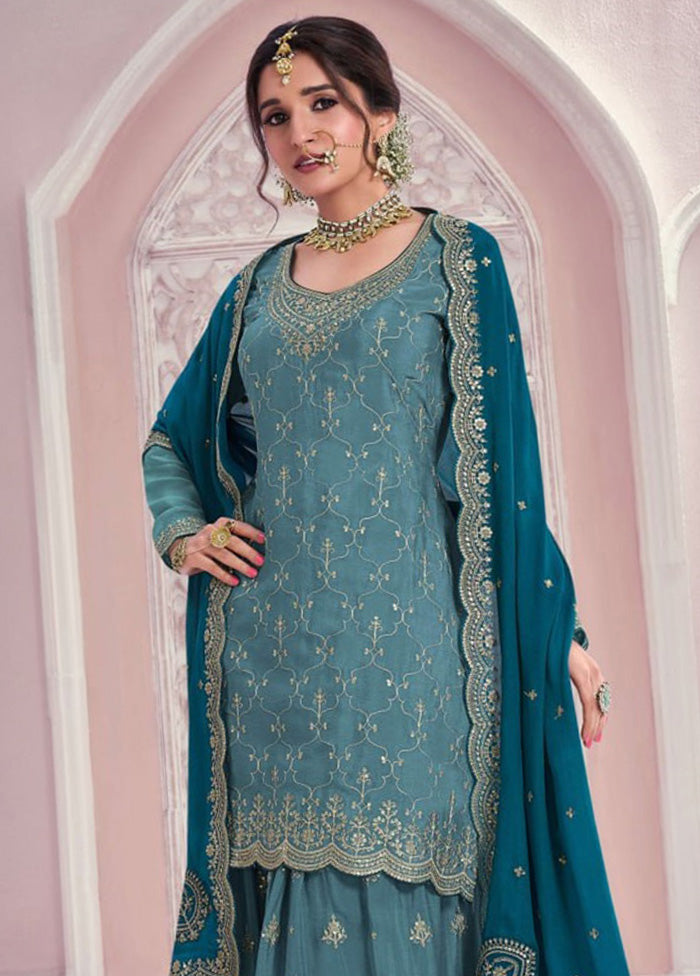 3 Pc Blue Semi Stitched Silk Dupatta Suit Set