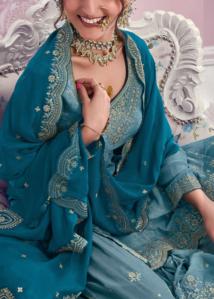 3 Pc Blue Semi Stitched Silk Dupatta Suit Set