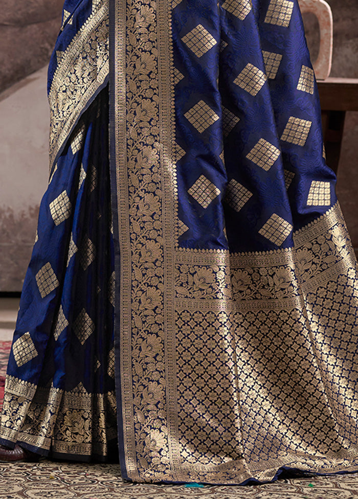 Navy Blue Spun Silk Saree With Blouse Piece