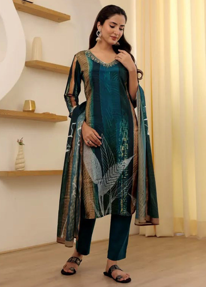 3 Pc Teal Readymade Rayon Dupatta Suit Set