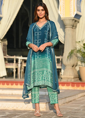 3 Pc Blue Readymade Silk Dupatta Suit Set