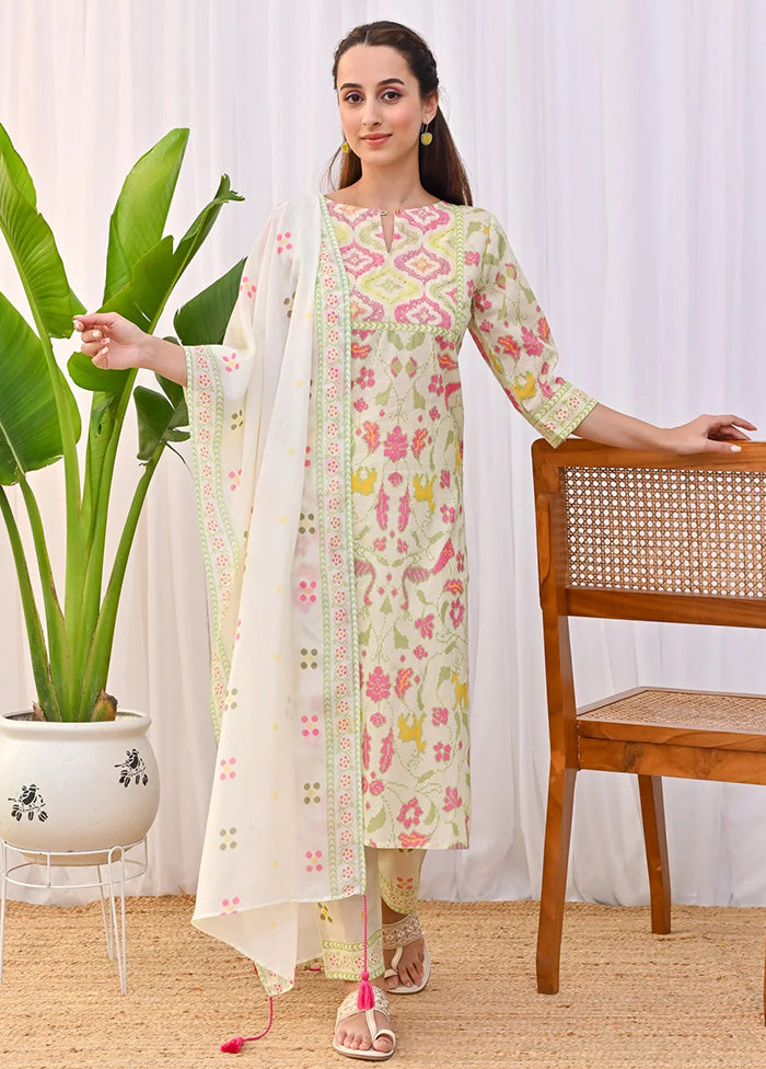 3 Pc Cream Readymade Rayon Dupatta Suit Set