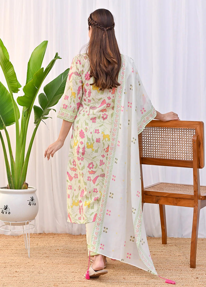 3 Pc Cream Readymade Rayon Dupatta Suit Set