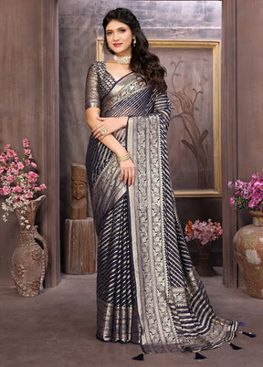 Dark Blue Spun Silk Saree With Blouse Piece