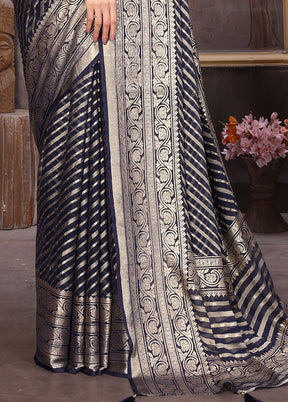 Dark Blue Spun Silk Saree With Blouse Piece