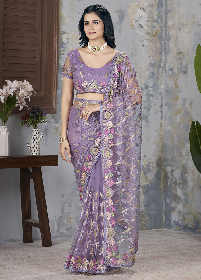 Purple Net Net Saree With Blouse Piece