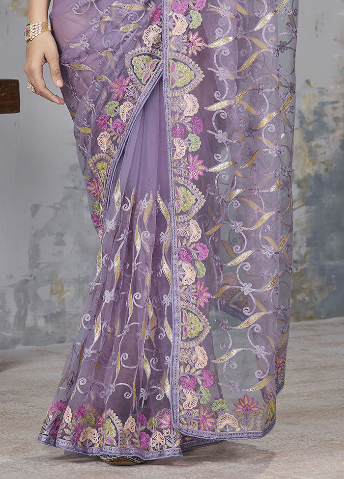 Purple Net Net Saree With Blouse Piece