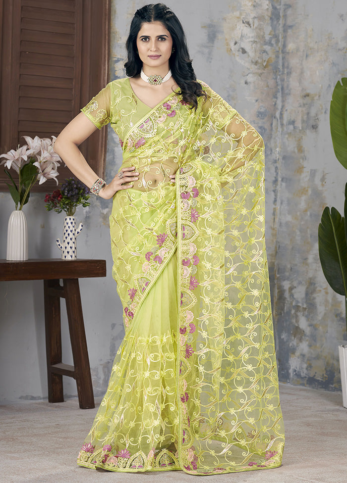 Green Net Net Saree With Blouse Piece