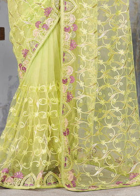 Green Net Net Saree With Blouse Piece