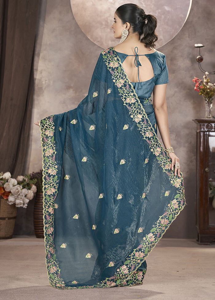 Blue Spun Silk Saree With Blouse Piece