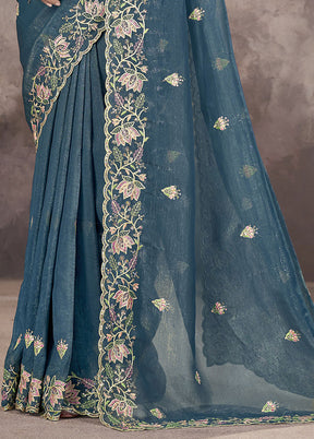 Blue Spun Silk Saree With Blouse Piece