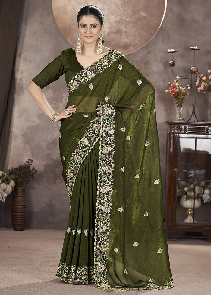 Green Spun Silk Saree With Blouse Piece