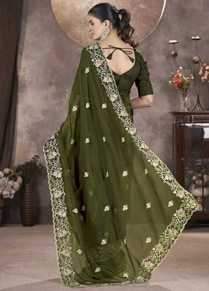 Green Spun Silk Saree With Blouse Piece