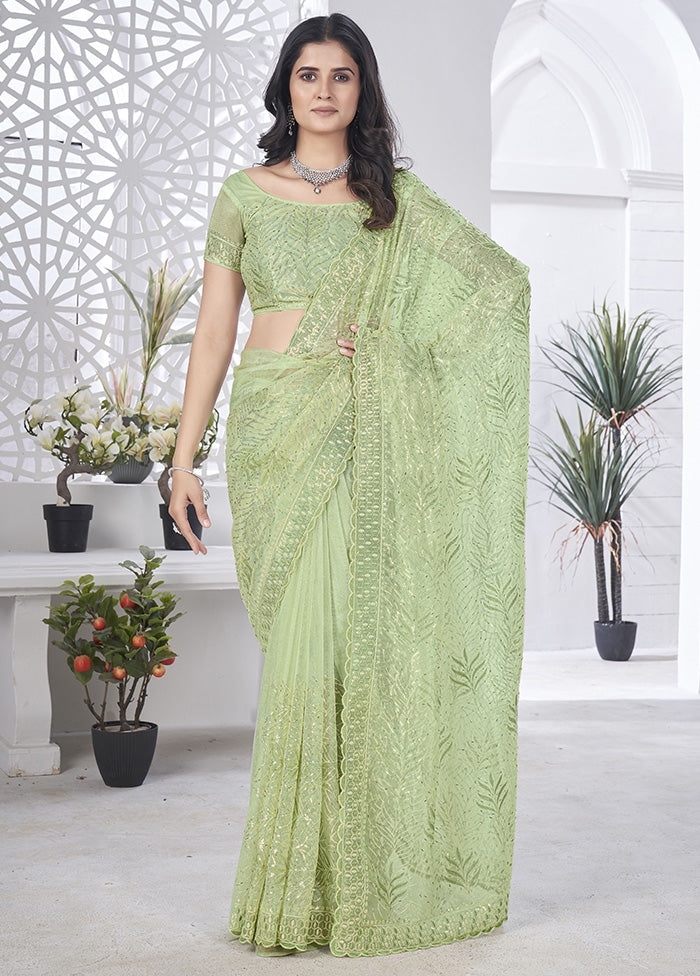 Green Net Net Saree With Blouse Piece