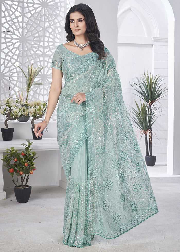 Sea Green Net Net Saree With Blouse Piece