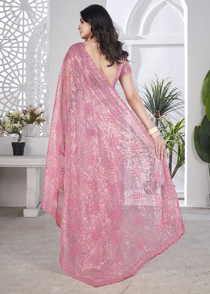 Pink Net Net Saree With Blouse Piece