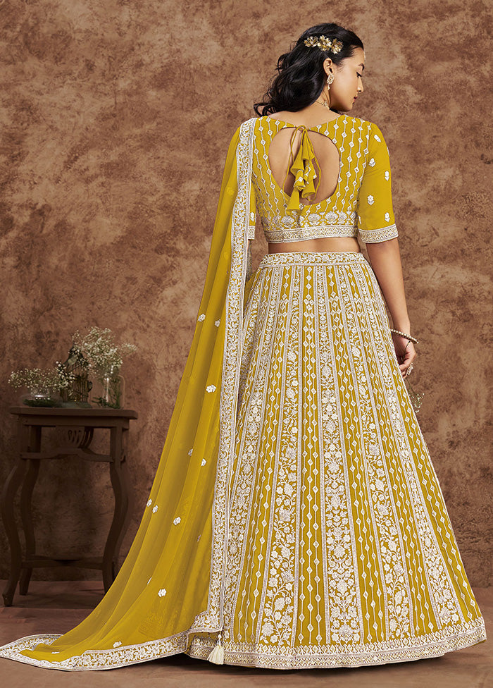 3 Pc Yellow Georgette Semi Stitched Lehenga Set