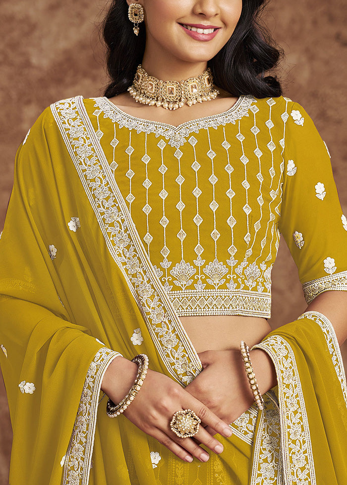 3 Pc Yellow Georgette Semi Stitched Lehenga Set