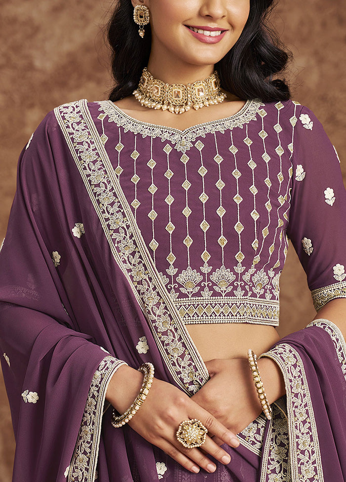 3 Pc Purple Georgette Semi Stitched Lehenga Set