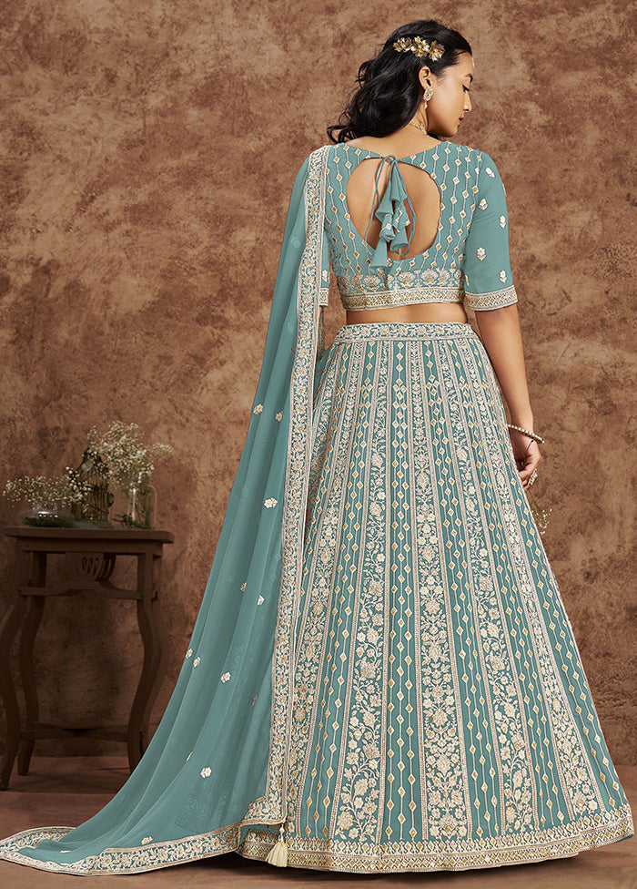 3 Pc Sky Blue Georgette Semi Stitched Lehenga Set