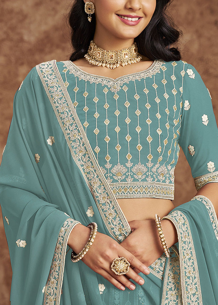 3 Pc Sky Blue Georgette Semi Stitched Lehenga Set