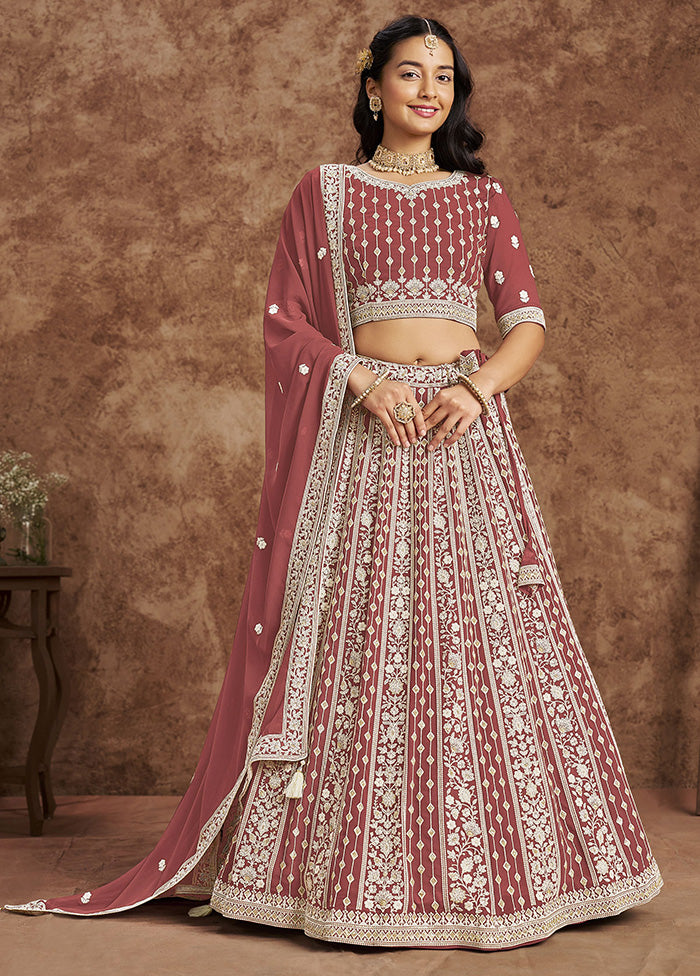 3 Pc Brown Georgette Semi Stitched Lehenga Set