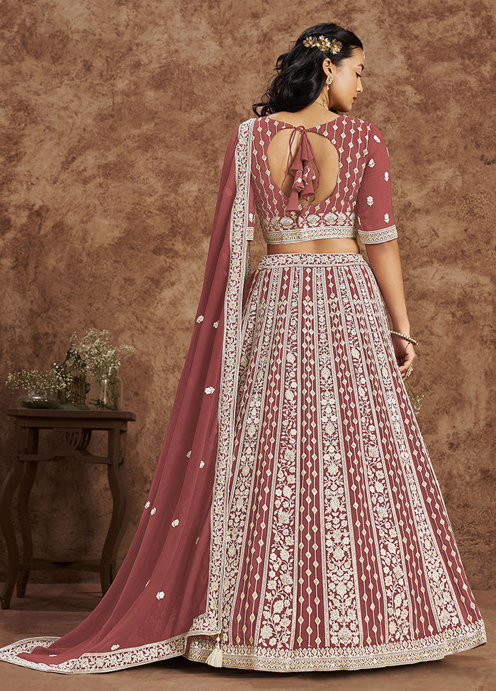 3 Pc Brown Georgette Semi Stitched Lehenga Set