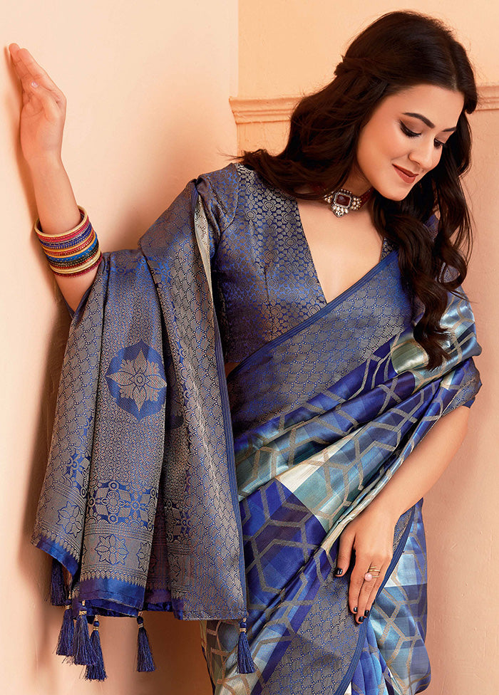 Blue Organza Saree With Blouse Piece