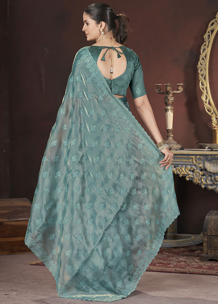 Teal Spun Silk Saree With Blouse Piece