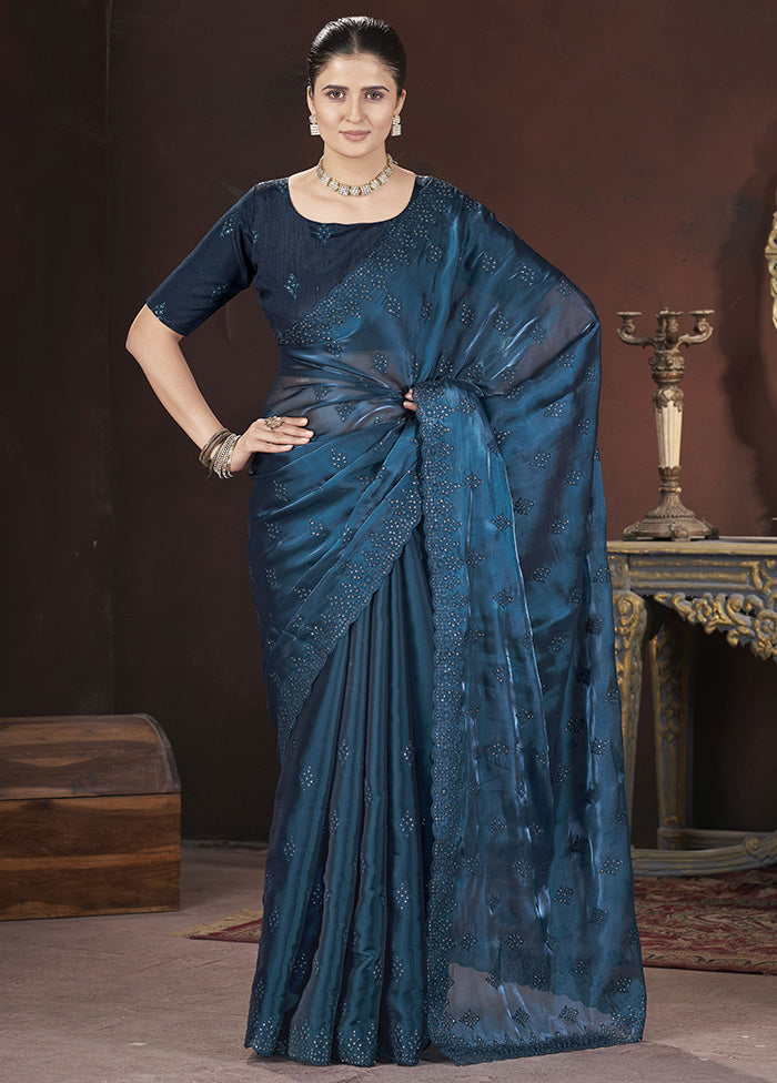 Teal Blue Spun Silk Saree With Blouse Piece