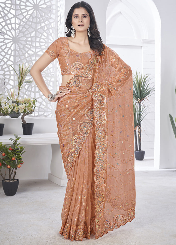 Peach Net Net Saree With Blouse Piece