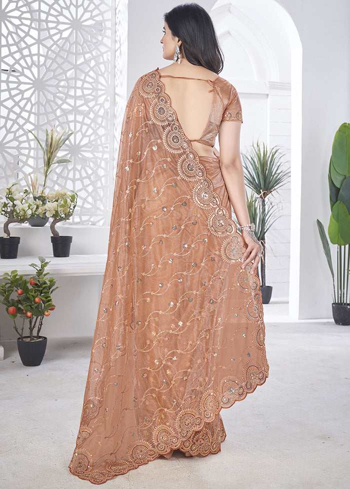 Peach Net Net Saree With Blouse Piece