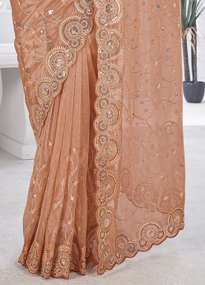 Peach Net Net Saree With Blouse Piece