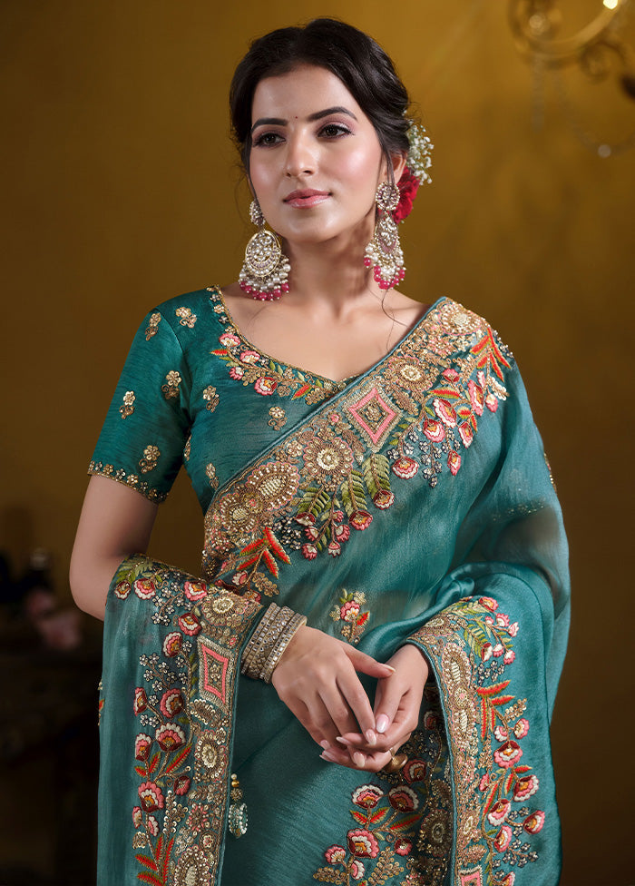 Teal Blue Spun Pure Silk Saree With Blouse Piece