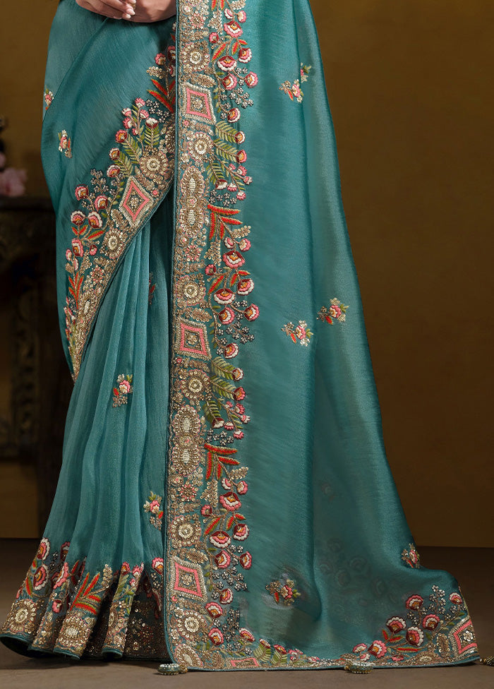 Teal Blue Spun Pure Silk Saree With Blouse Piece