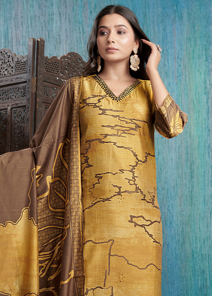 3 Pc Mustard Readymade Viscose Dupatta Suit Set