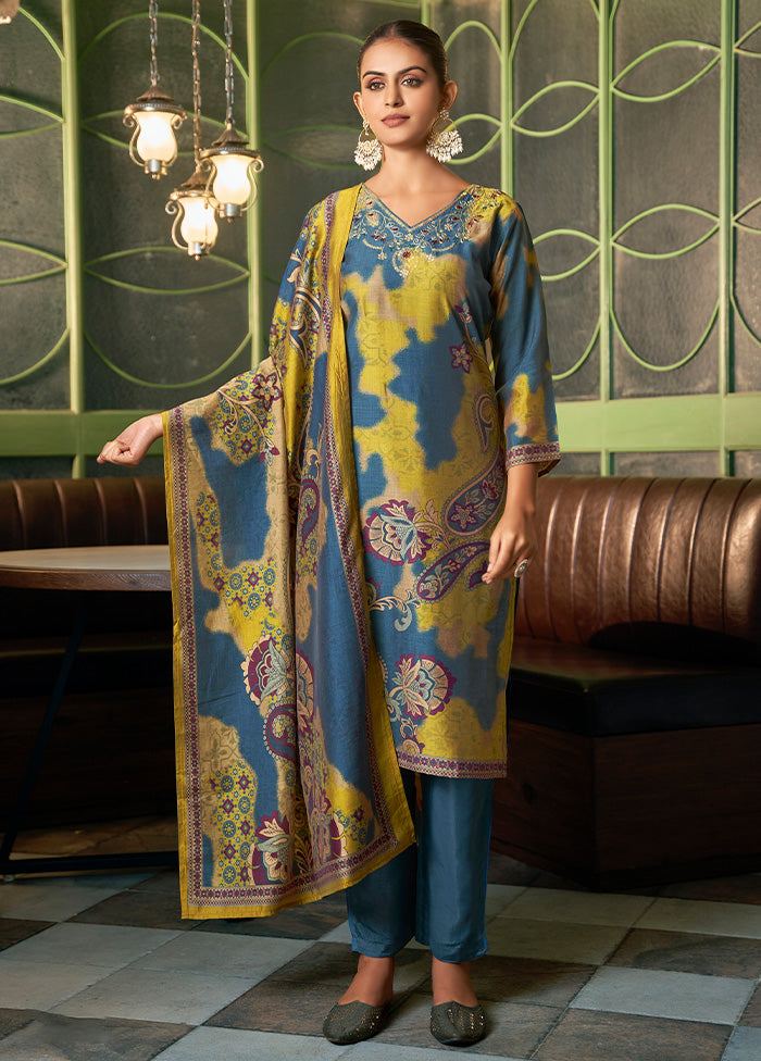 3 Pc Blue Readymade Viscose Dupatta Suit Set