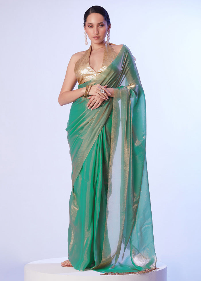 Sea Green Satin Silk Saree With Blouse Piece