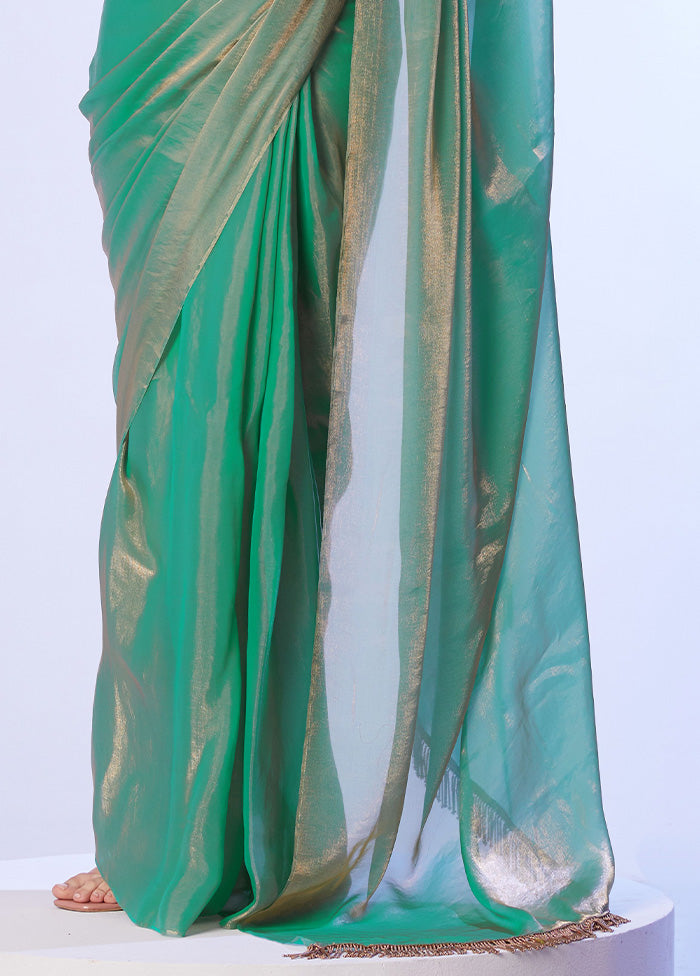 Sea Green Satin Silk Saree With Blouse Piece